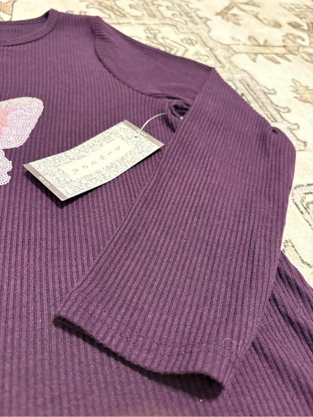 btween Plum Ribbed Dress with Iridescent Butterfly - Picture 3 of 4